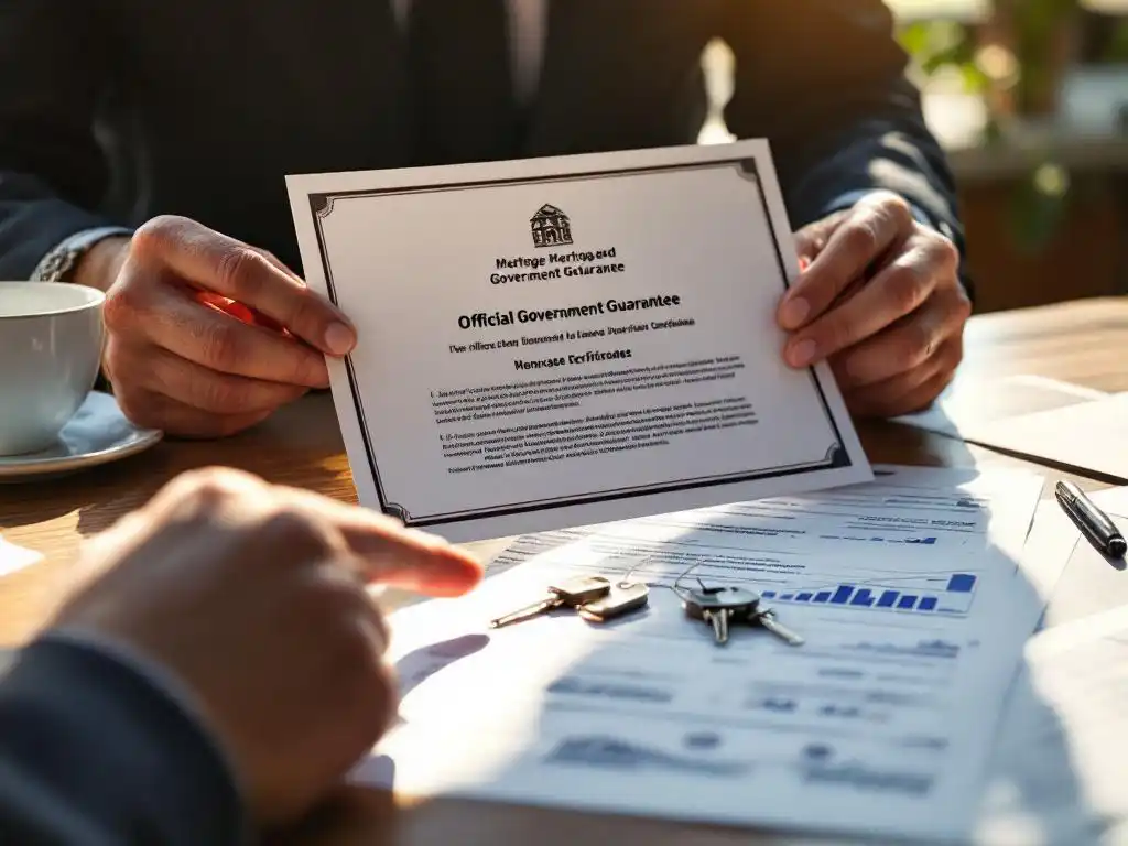 Hypotheekadviseur houdt Nederlandse overheidsgarantie certificaat vast naast huissleutels op houten bureau