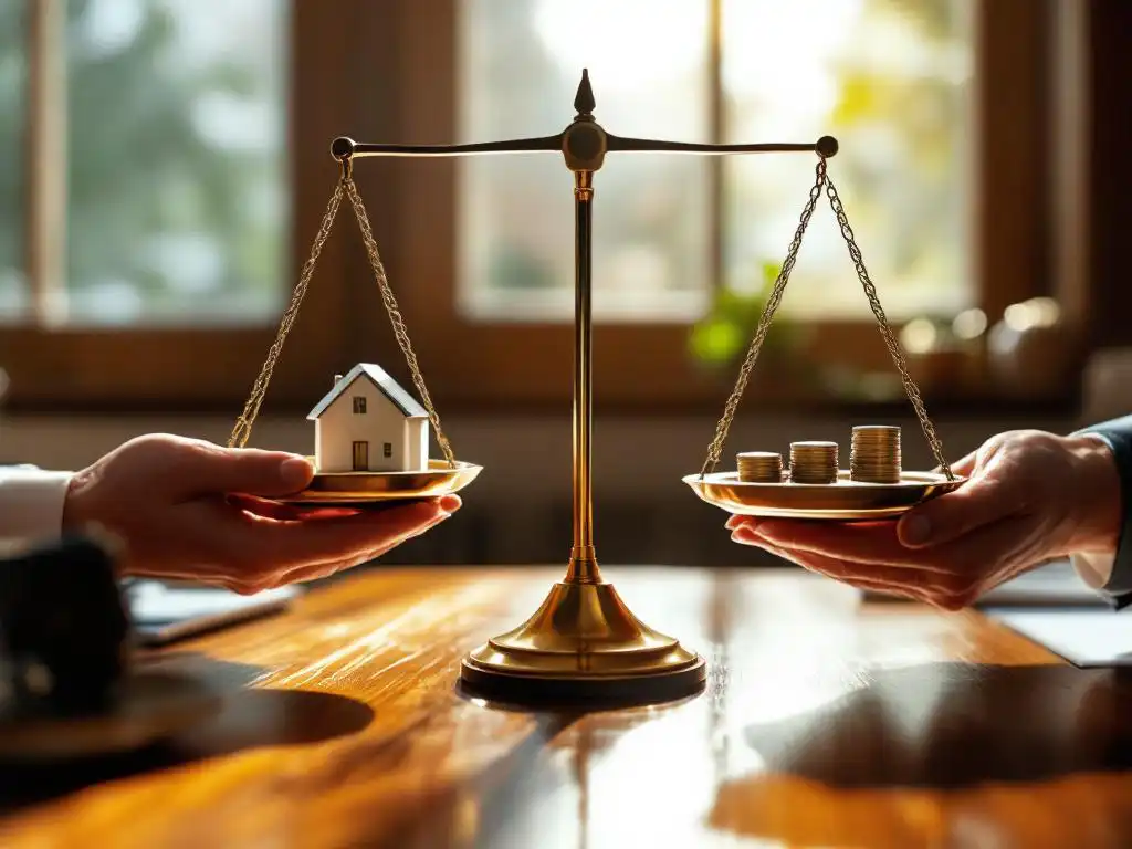 Bankier past mechanische weegschaal aan met huismodel en euromunten op mahonie bureau in kantoor