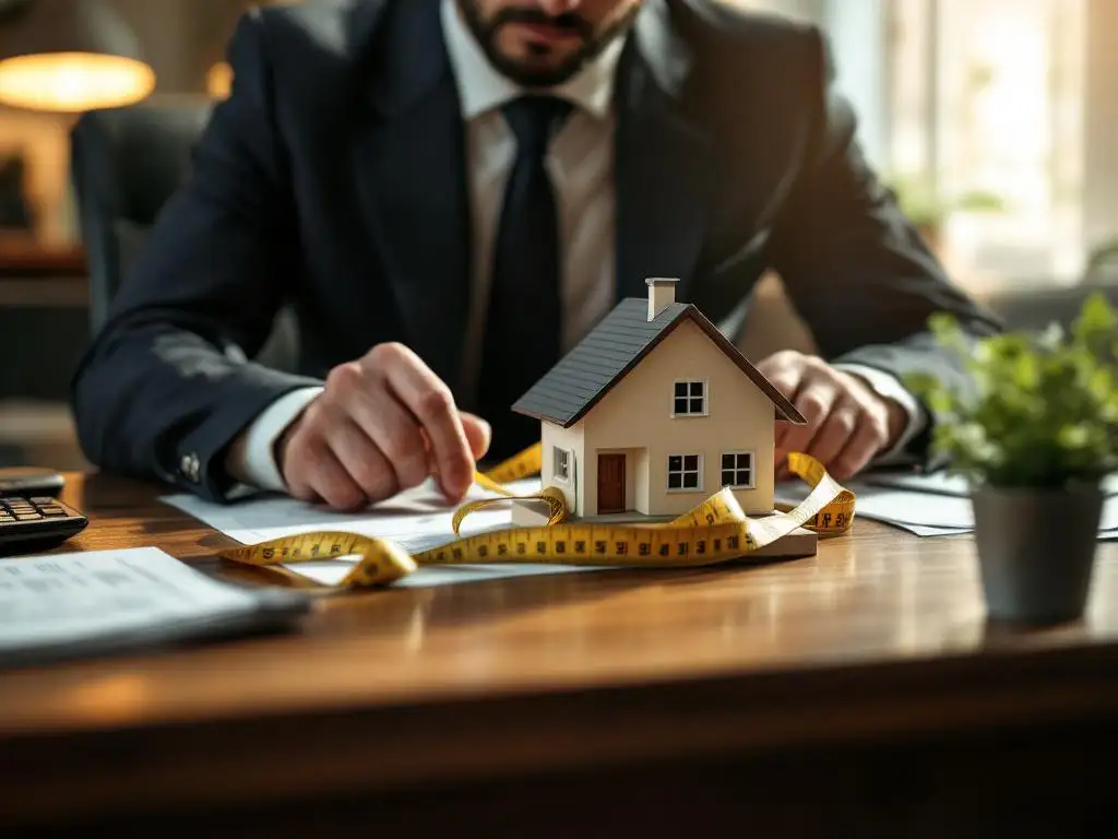 Zakenman in pak onderzoekt huismodel op bureau met hypotheekdocumenten en rekenmachine voor vastgoedanalyse
