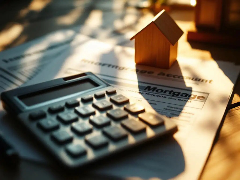 Rekenmachine op stapel hypotheekdocumenten naast houten huismodel op bureau in warm zonlicht