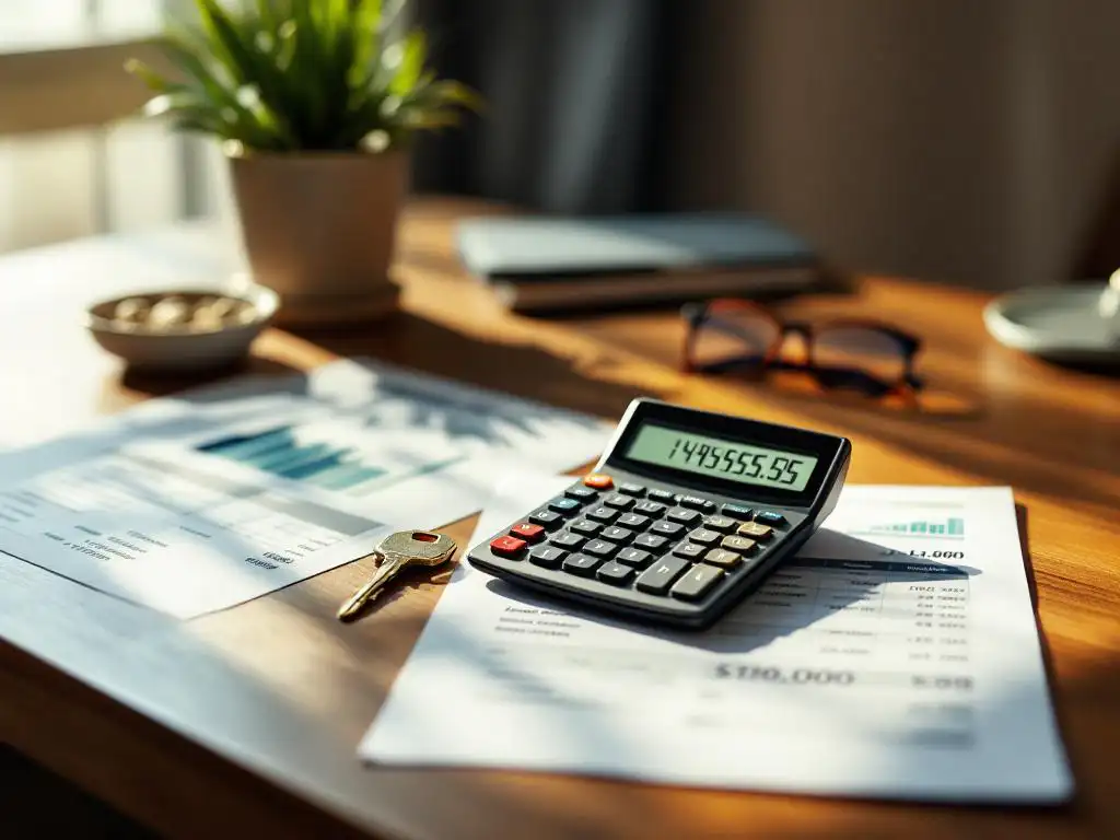 Calculator met hypotheekberekeningen op houten bureau naast huissleutel en financiële documenten, kleine plant op achtergrond