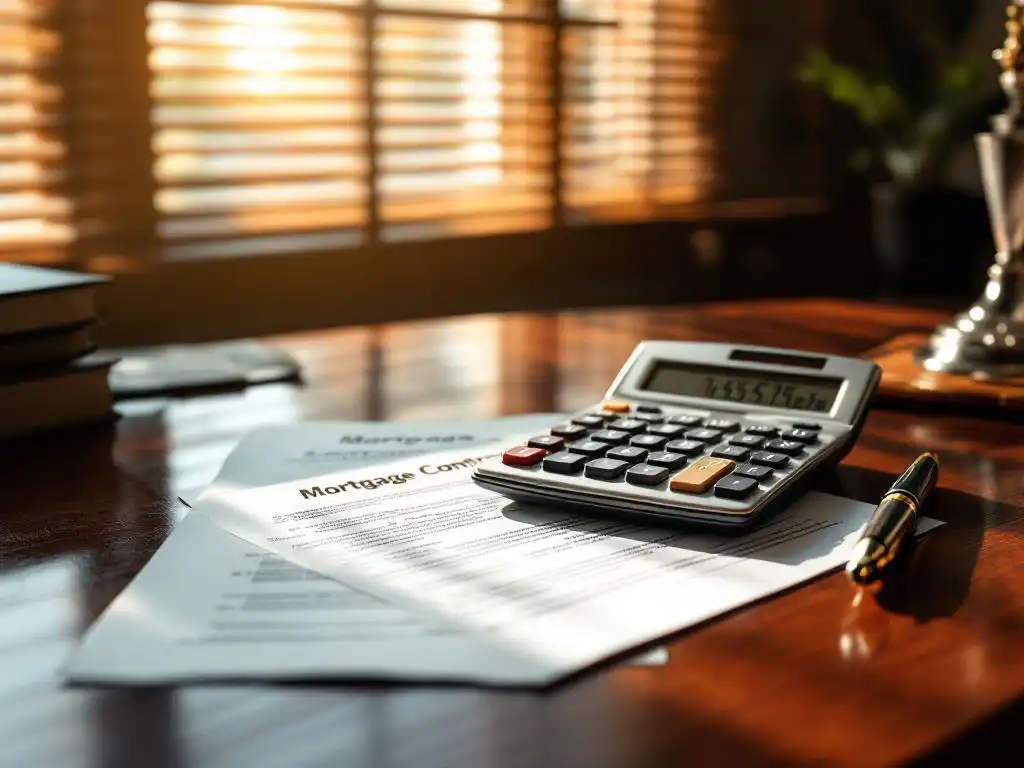 Hypotheekcontract op mahonie bureau met zilveren rekenmachine voor belastingberekeningen en vulpen in kantooromgeving