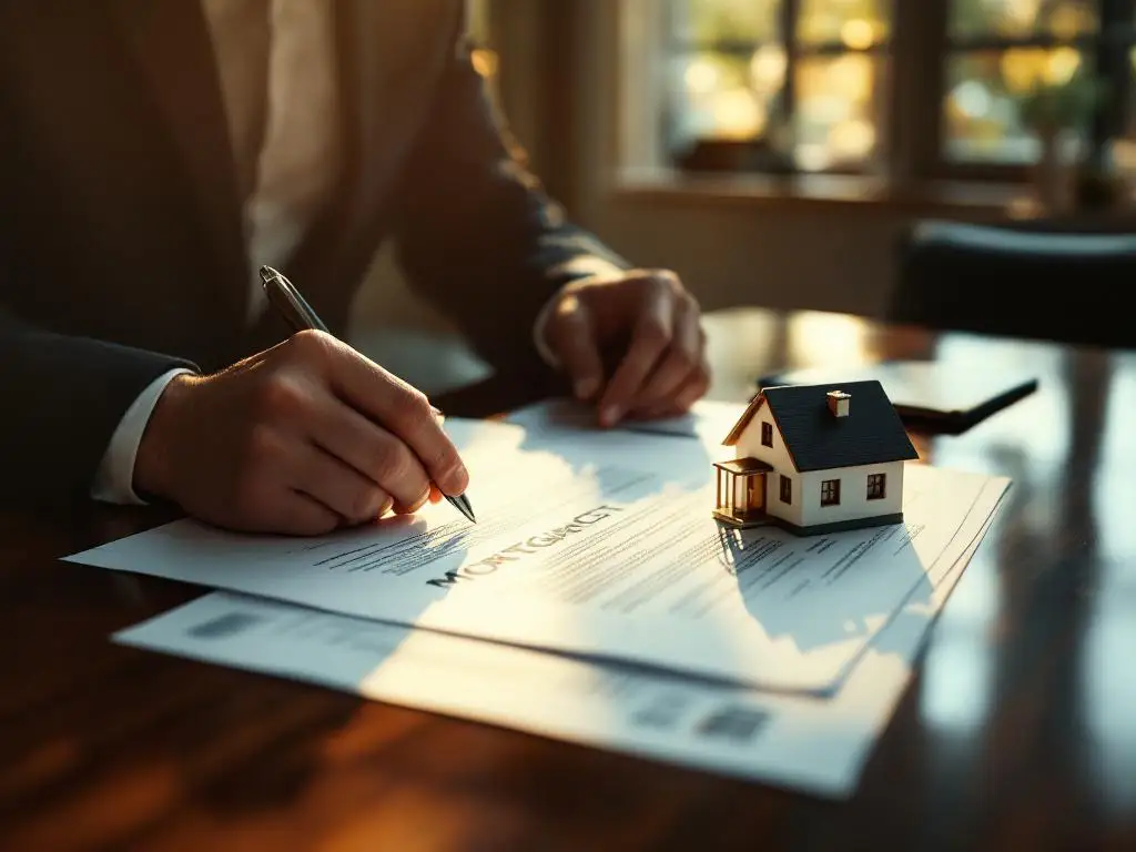 Zakenman in pak bestudeert hypotheekcontract met huismodel op mahonie bureau in kantoor met natuurlijk licht