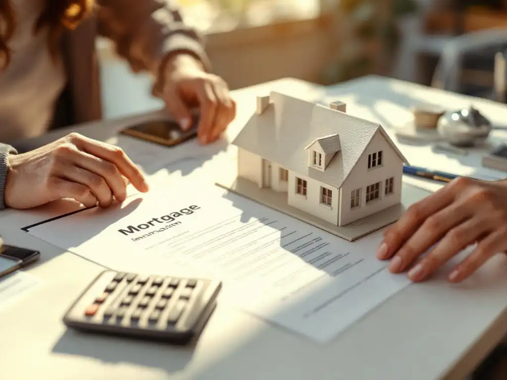Huismodel op hypotheekdocument met calculator en hand, warm zonlicht op wit bureau