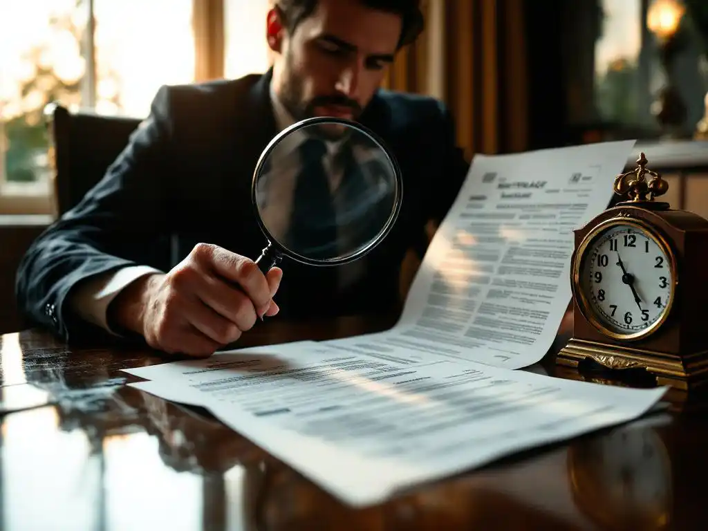 Zakenman in pak bestudeert hypotheekdocument met vergrootglas aan mahonie bureau bij gouden uurtje licht