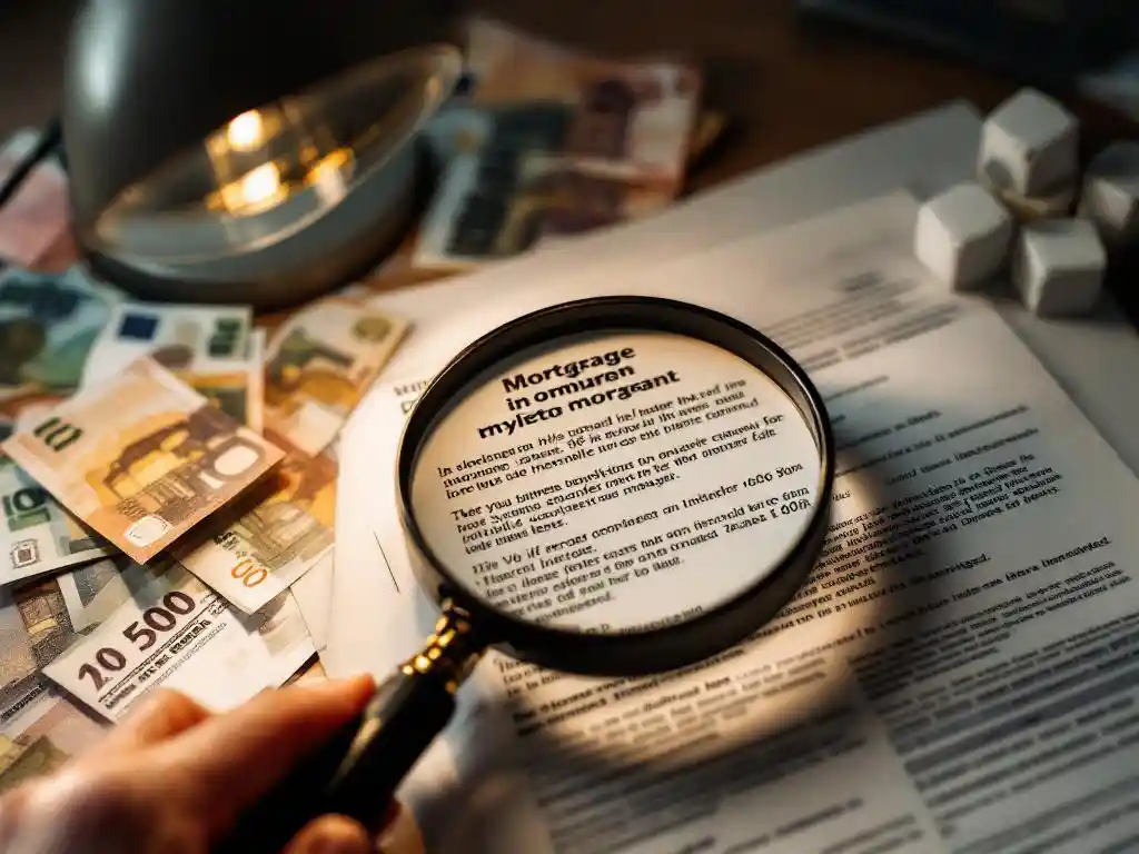 Handen houden vergrootglas boven hypotheekdocument met rente details, eurobiljetten zichtbaar onder papierwerk op bureau