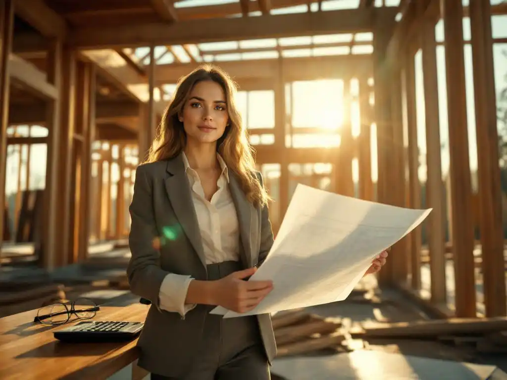 Professionele vrouw met bouwplannen bij bureau met hypotheekdocumenten op bouwplaats met houten frame