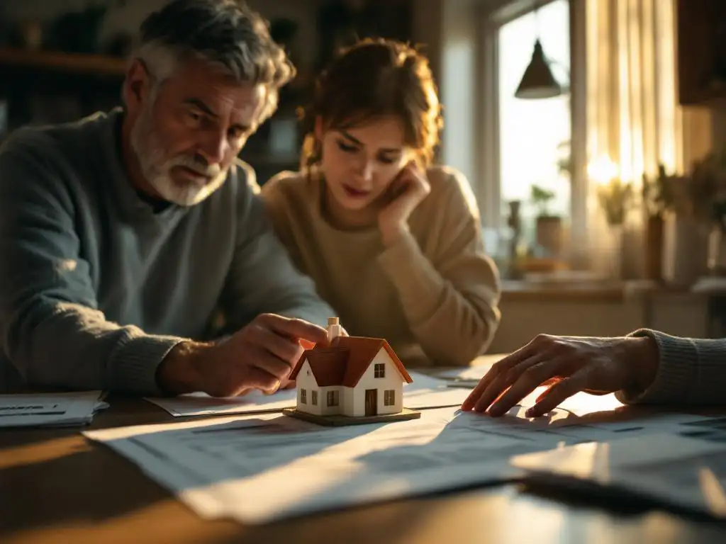 Bezorgd echtpaar bespreekt hypotheekdocumenten aan keukentafel met modelwoning op voorgrond in warm zonlicht