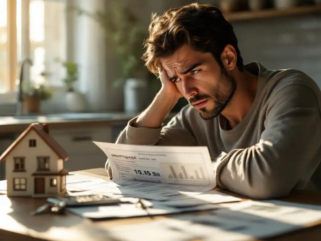 Bezorgde huiseigenaar bekijkt hypotheekdocumenten aan keukentafel met calculator, huissleutels en maquette van woning
