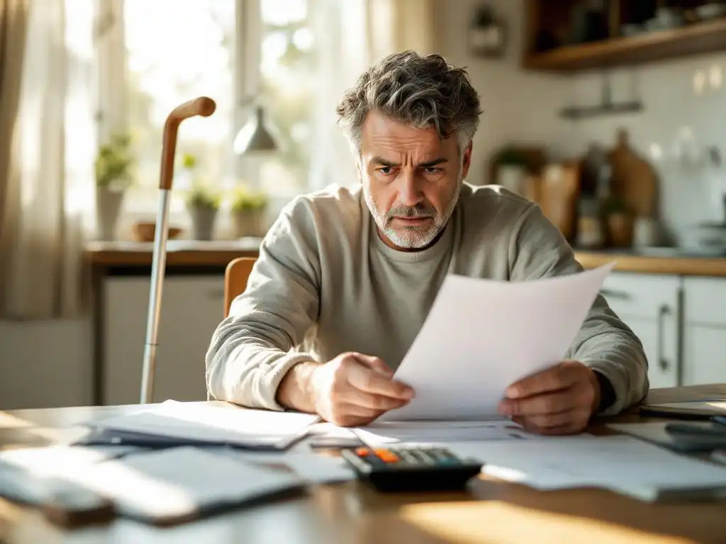 Bezorgde huiseigenaar bekijkt hypotheekdocumenten aan keukentafel met wandelstok en verzekeringspapieren