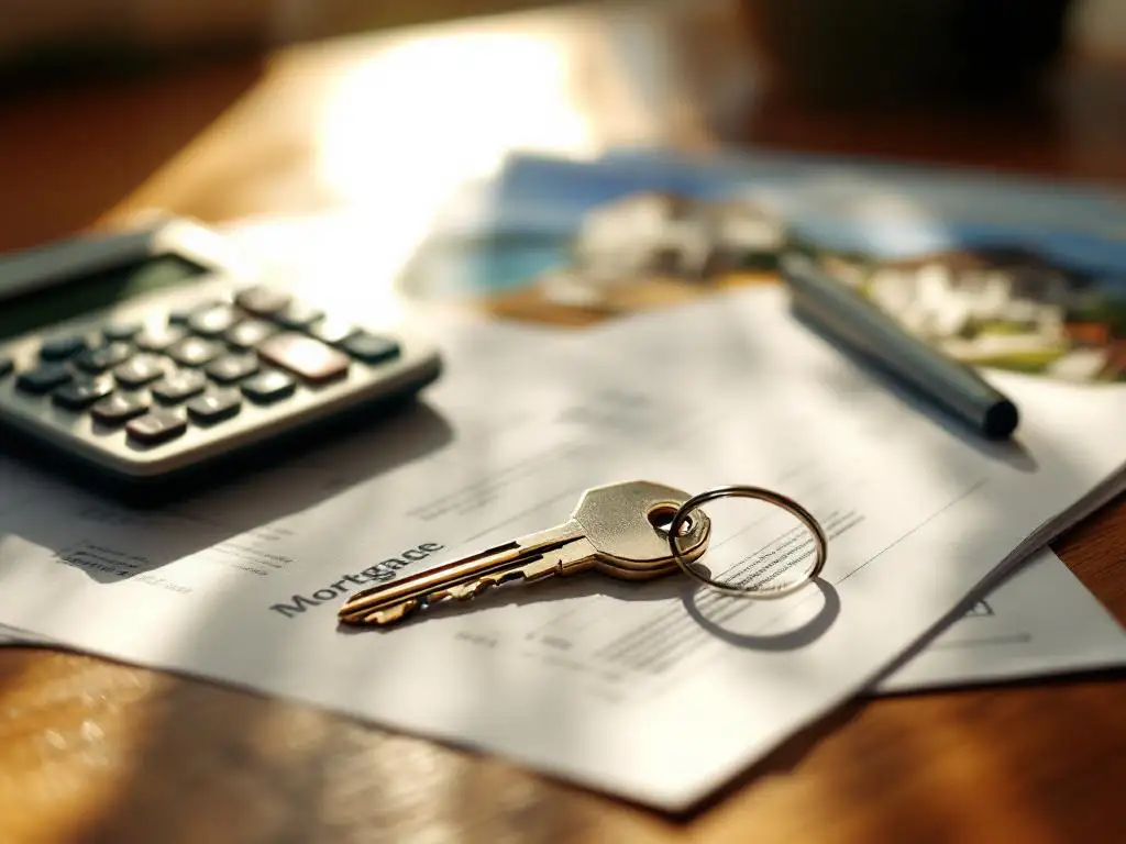 Moderne huissleutel op hypotheekdocumenten met rekenmachine op houten bureau in zonlicht