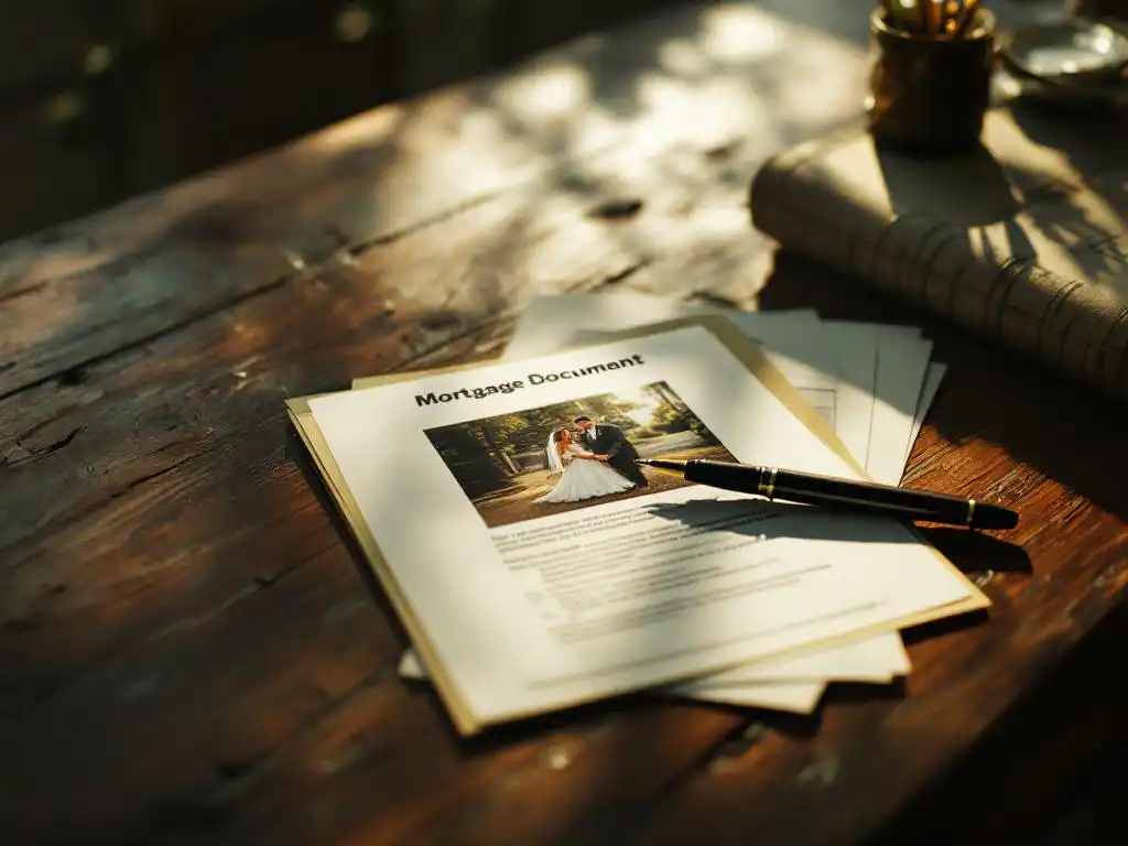 Hypotheekdocumenten op houten keukentafel met trouwfoto ernaast, zachte ochtendlicht door raam, pen op papieren