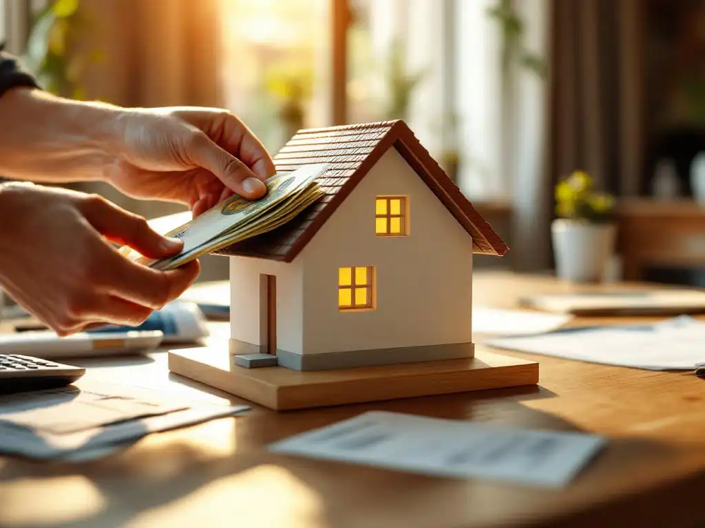 Handen plaatsen eurobiljetten in miniatuurhuis op houten tafel met hypotheekdocumenten en rekenmachine