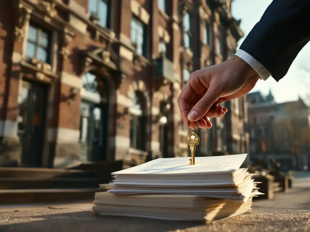 Bankier plaatst gouden sleutel op hypotheekdocumenten voor historisch Nederlands gebouw met bakstenen gevel