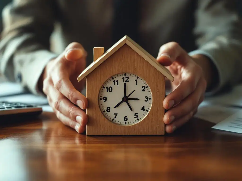 Professionele handen houden houten huis met klok vast op bureau met financiële documenten en rekenmachine