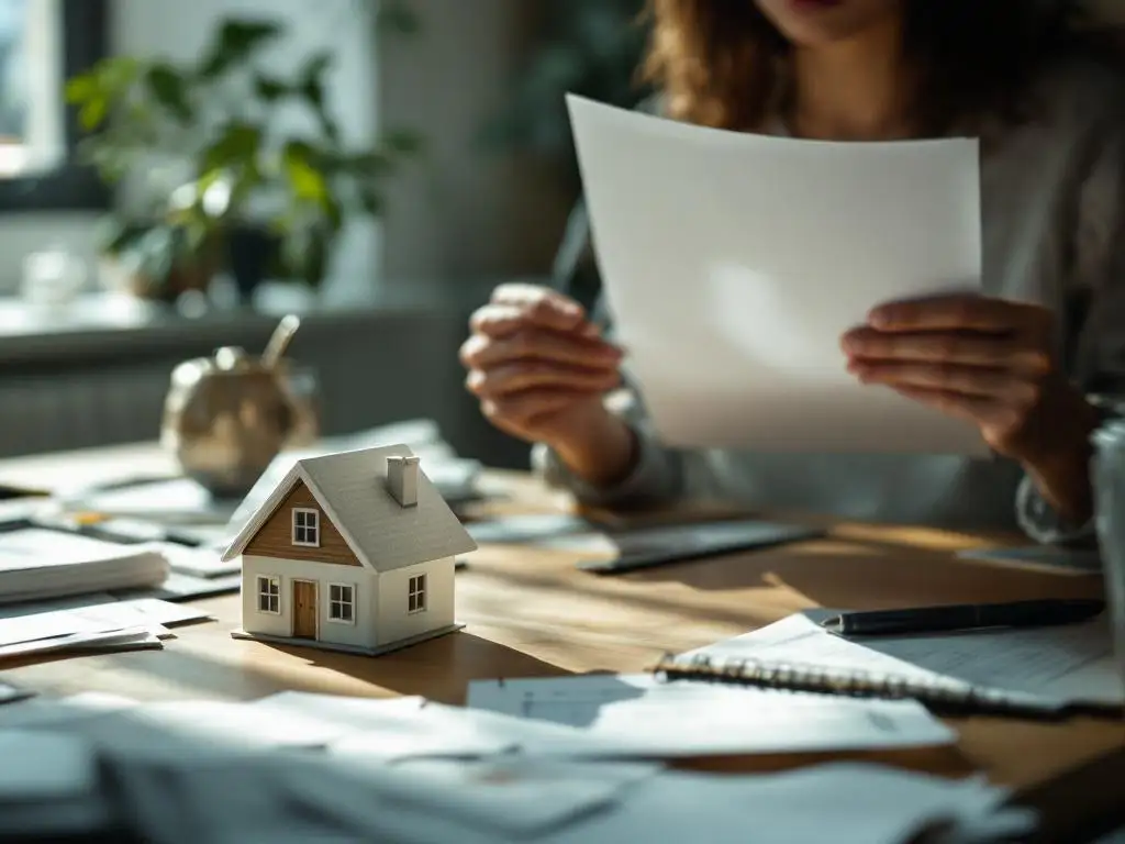 Bezorgde persoon houdt hypotheekdocumenten en werkloosheidsuitkering vast, speelgoedhuis op tafel tussen rekeningen