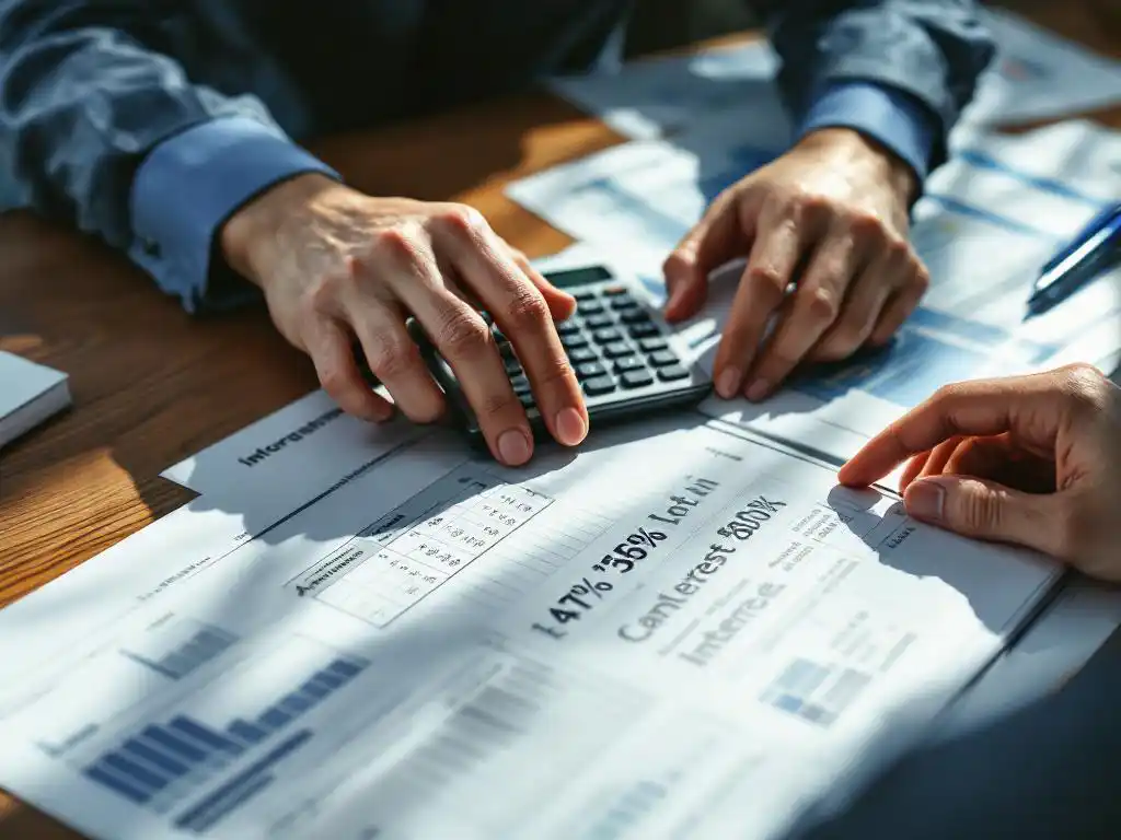 Hypotheekadviseur berekent rentepercentages op calculator met bankbrochures en vergelijkingsdocumenten op houten bureau