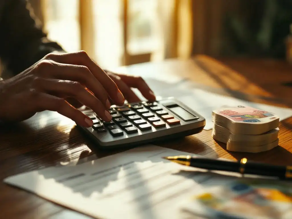 Financiële rekenmachine toont dalende betalingsbedragen op houten bureau met eurobankbiljetten en hypotheekdocumenten