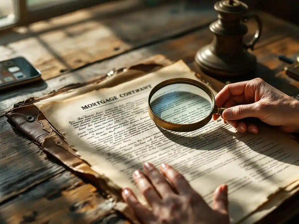 Oude hypotheekdocument op houten bureau met vergrootglas en smartphone met bankapp, handen houden vergrootglas vast