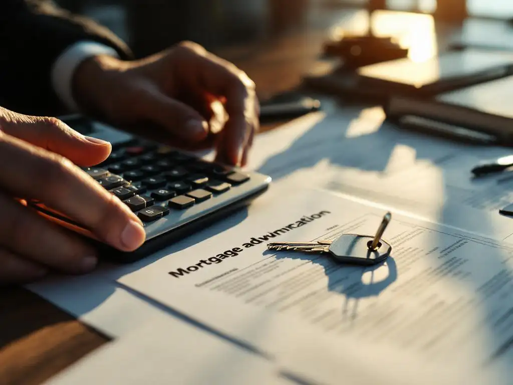 Calculator en Nederlandse huissleutel op NHG hypotheekdocumenten op adviseur bureau met natuurlijk licht