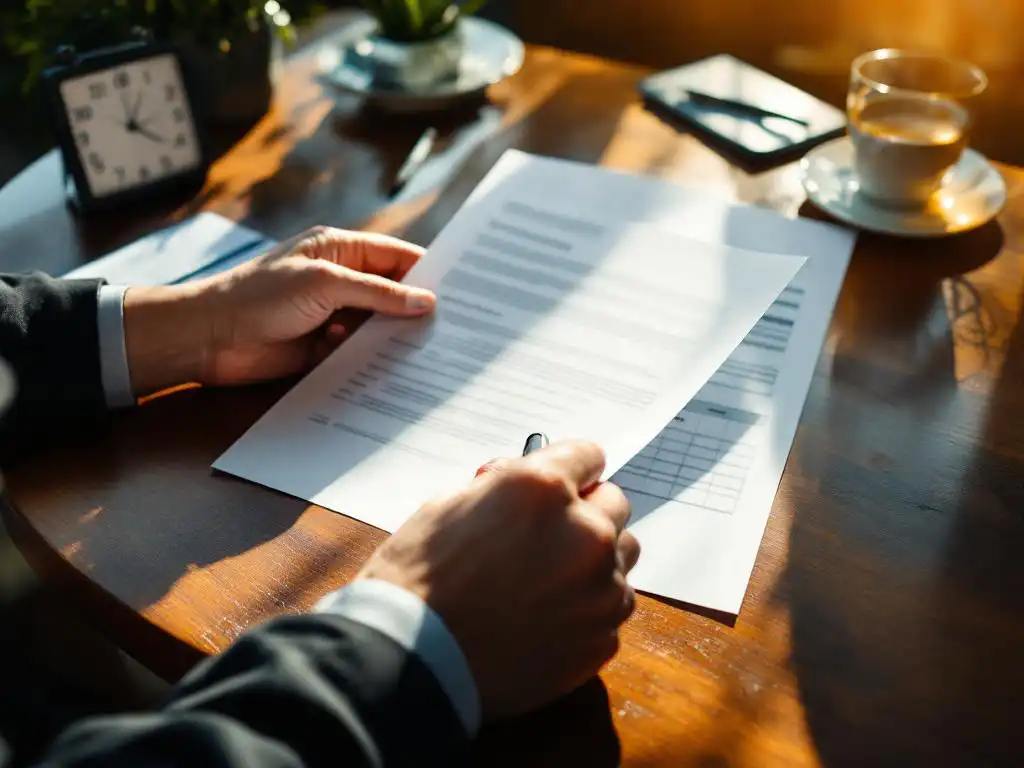 Professionele handen houden officieel document vast op houten bureau met kalender, klok en pen in warm daglicht