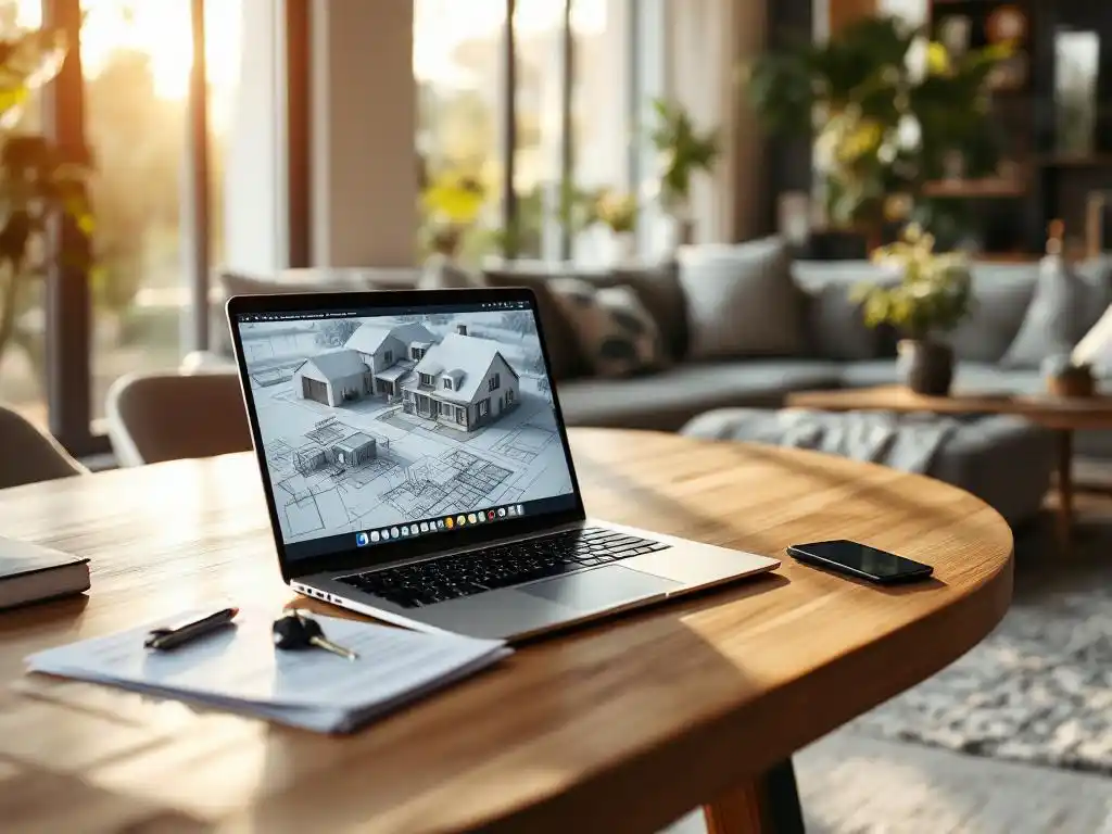 Laptop met architecturale blauwdrukken op houten tafel in moderne thuiswerkplek geïntegreerd in gezellige woonkamer