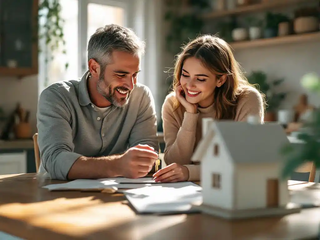 Vader overhandigt huissleutels aan volwassen dochter aan keukentafel met leningdocumenten en speelgoedhuis