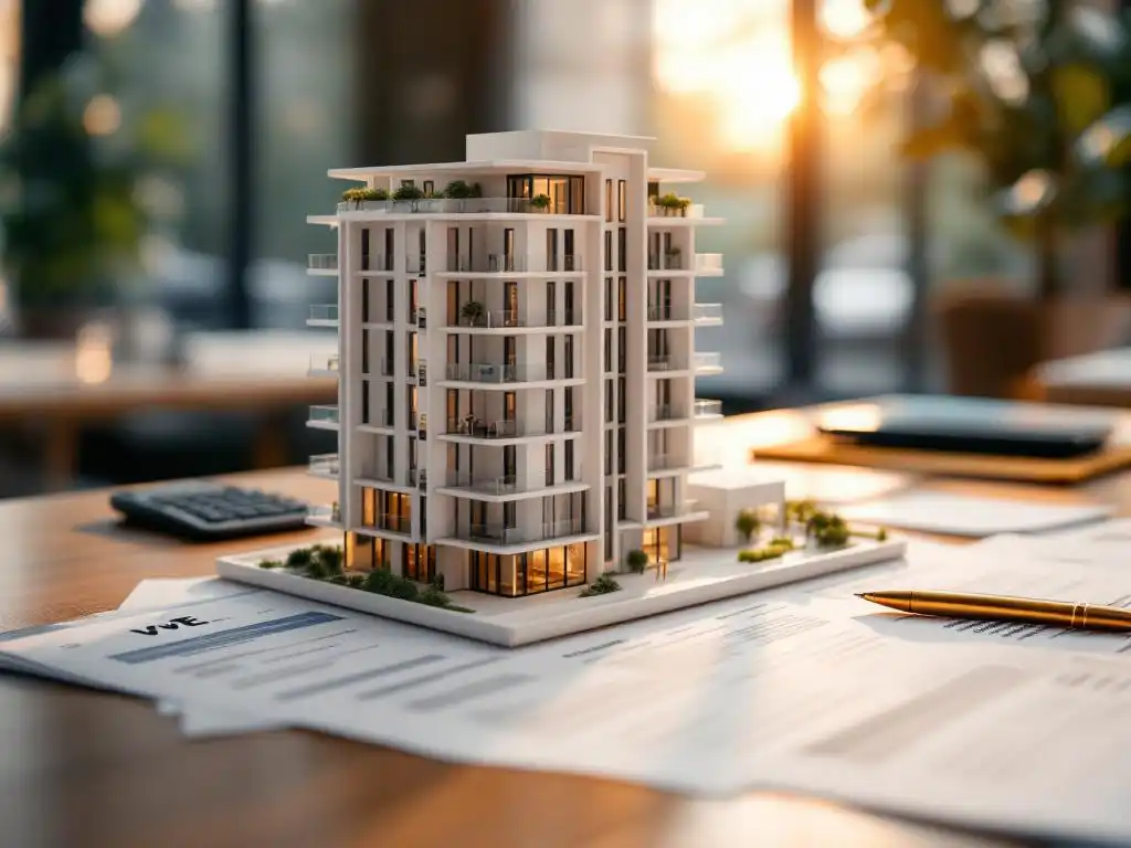 Architectuurmodel van modern appartementengebouw op makelaarsbureau met hypotheekdocumenten en VvE-papieren