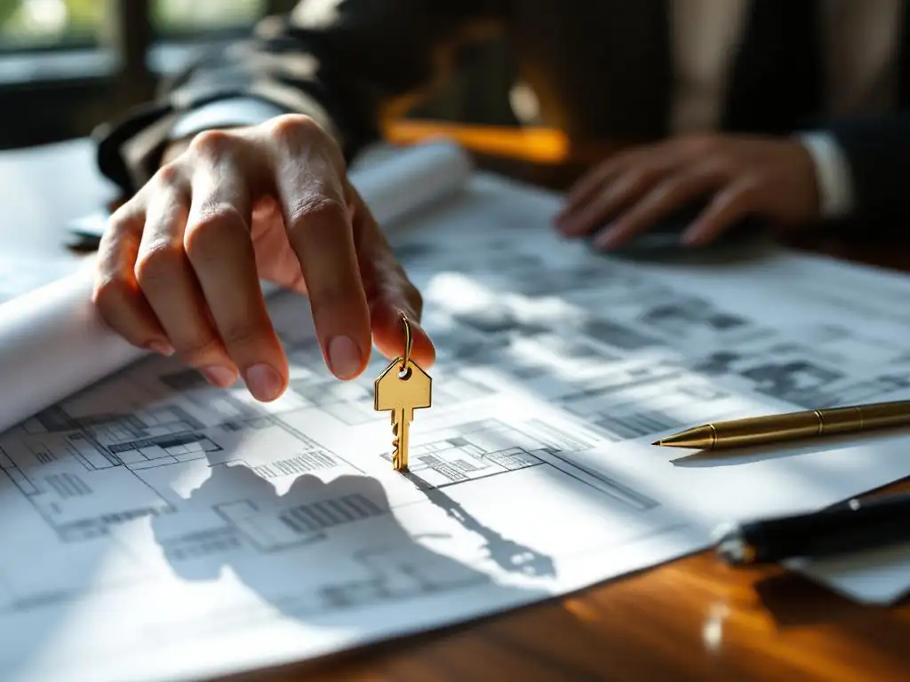 Gouden huissleutel op architecturale blauwdrukken met hypotheekaanvraag, calculator en pen op mahonieholten bureau
