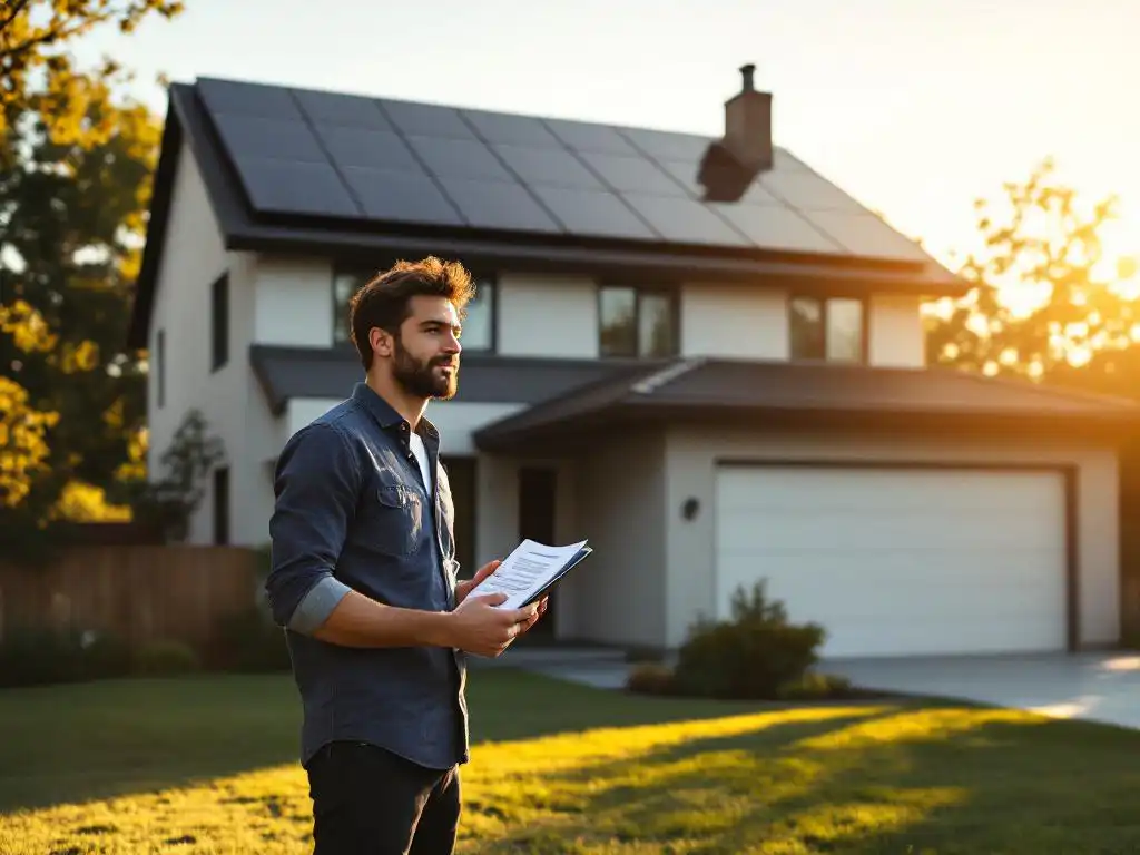 Huiseigenaar met hypotheekdocumenten voor moderne woning met zwarte zonnepanelen op het dak tijdens gouden uur