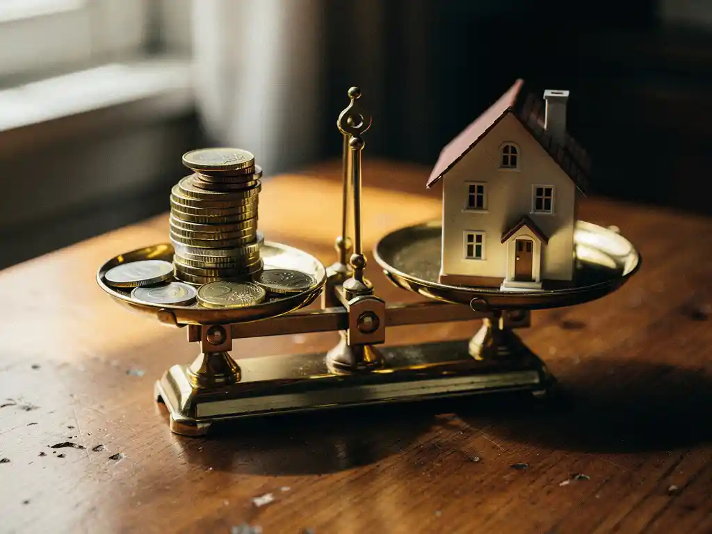 Vintage messing weegschaal op eikenhouten bureau met euromunten tegenover een miniatuurhuis, zachte middaglichtinval.