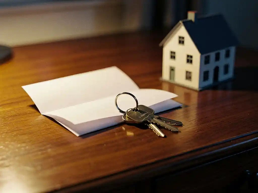 Boetebericht onder huissleutels op houten bureau, met miniatuur woning en warme omgevingsverlichting.