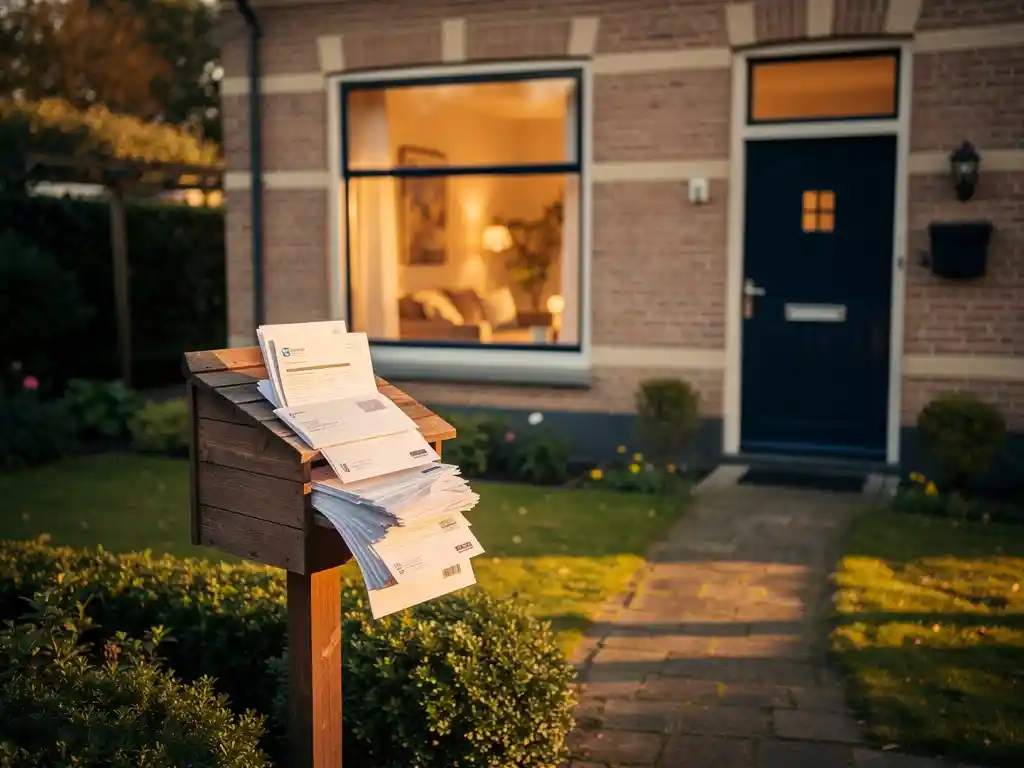 Hollandse gezinswoning met brievenbus vol hypotheekdocumenten, warm licht door het raam, gouden middaglicht over de voortuin.