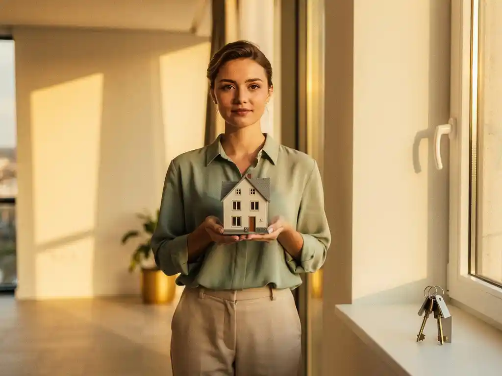 Jong professional houdt miniatuur huis vast in moderne appartementsdeuropening, sleutels op vensterbank, warm goudkleurig middaglicht.