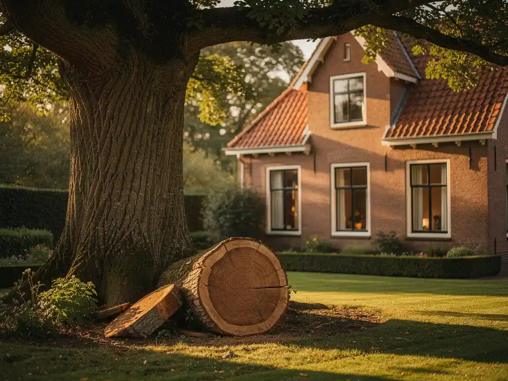 Eeuwenoude eik met zichtbare jaarringen naast een klassieke Nederlandse bakstenen woning, gehuld in warm middaglicht.