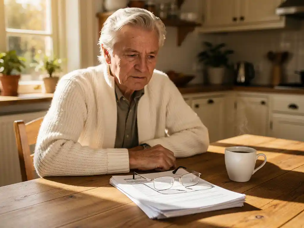 Gepensioneerde met zilvergrijs haar bestudeert hypotheekdocumenten aan houten keukentafel met dampende koffie, zacht middaglicht.