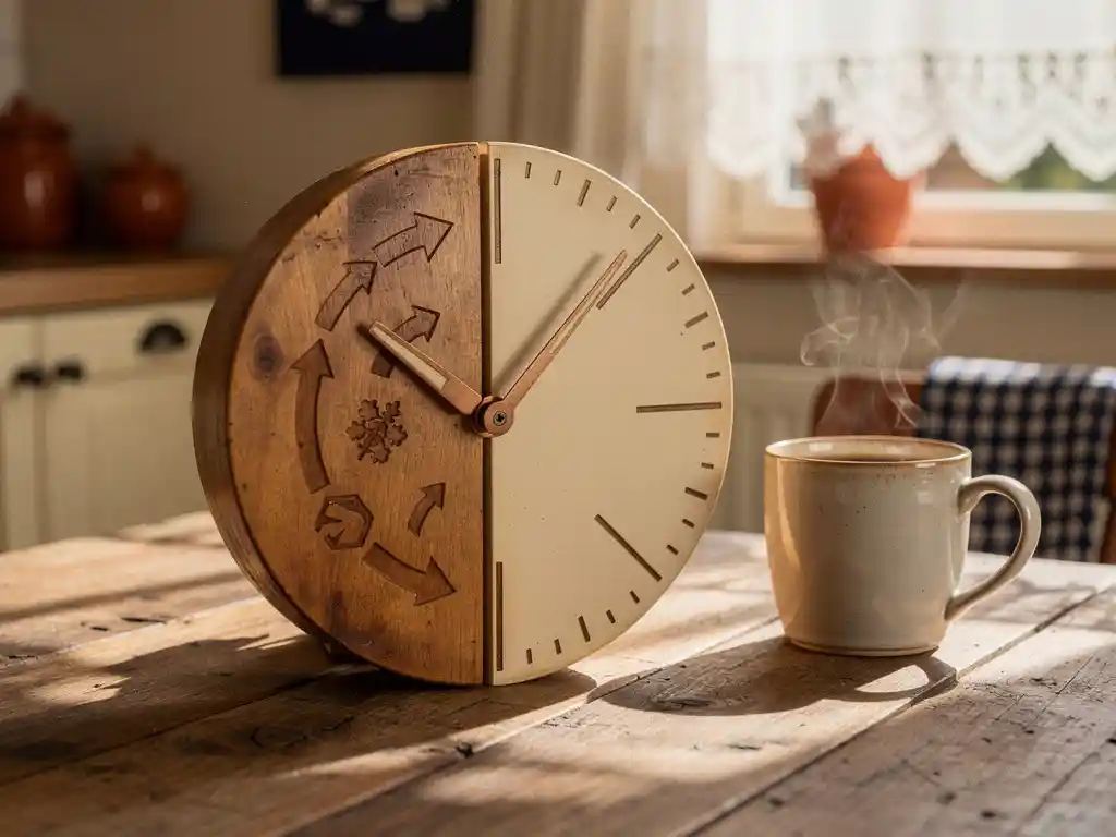 Houten hypotheekrentedraaiknop op keukentafel met vaste en variabele rente-indicatoren, warm middaglicht door kanten gordijnen.