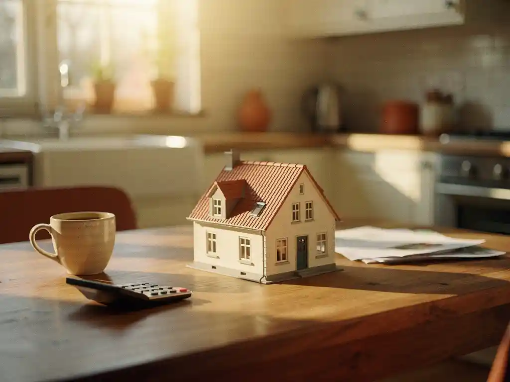 Klein miniatuurhuisje op houten keukentafel naast koffie, rekenmachine en papieren, warm middagzonlicht, gezellige Nederlandse thuissfeer.