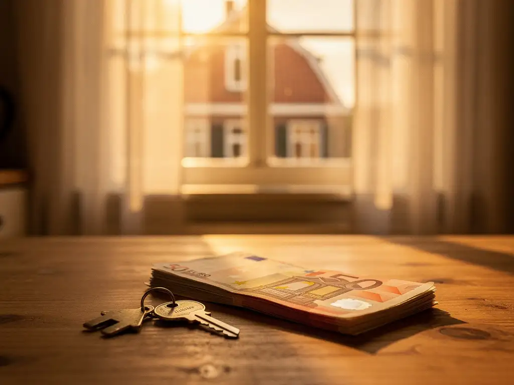 Euro bankbiljetten en huissleutel op houten tafel, met warme binnenverlichting van Nederlandse woning op achtergrond.