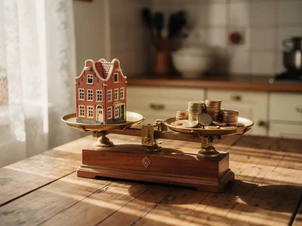 Houten weegschaal op keukentafel met miniatuurhuis en euromunten, zachte middaglichtinval door kanten gordijnen.