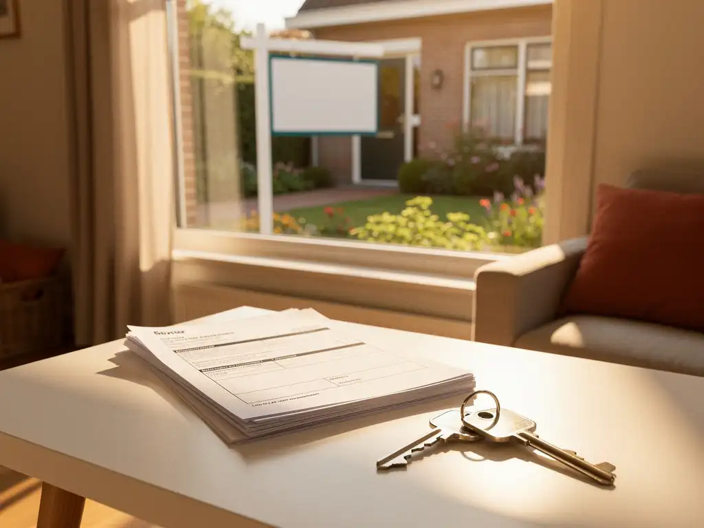 Verkocht Nederlands gezinshuis met huissleutels en hypotheekdocumenten op wit bureau in warm middagzonlicht.