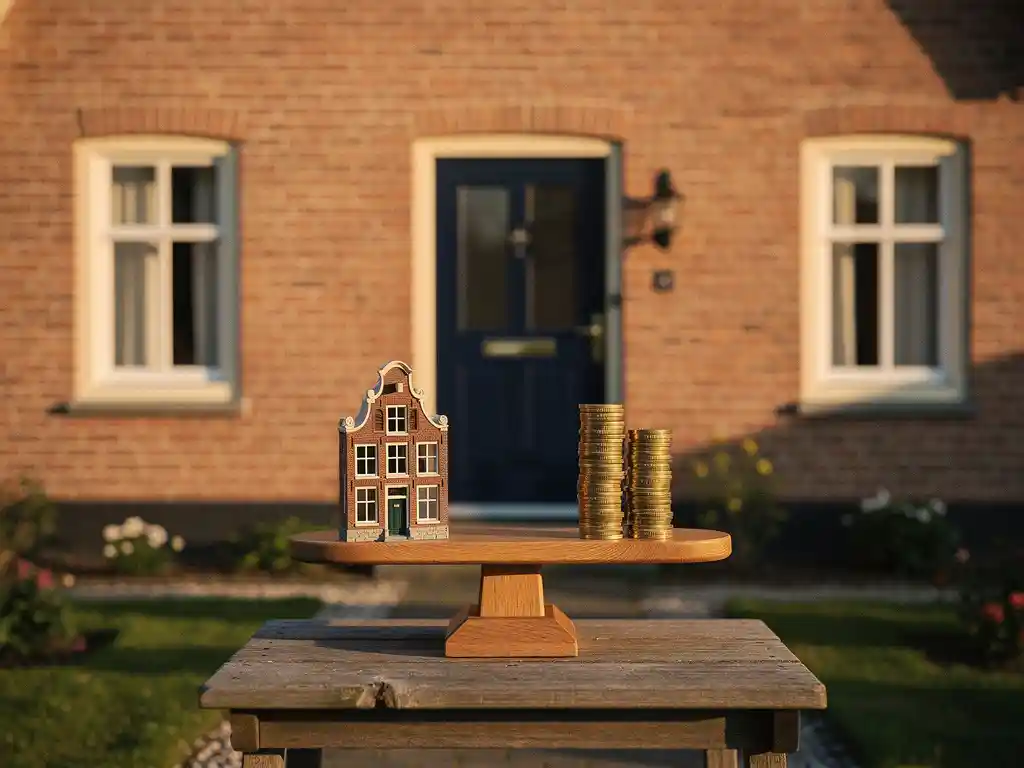 Houten weegschaal op veranda van Nederlands bakstenen huis, met miniatuurwoning en gestapelde euromunten in evenwicht.