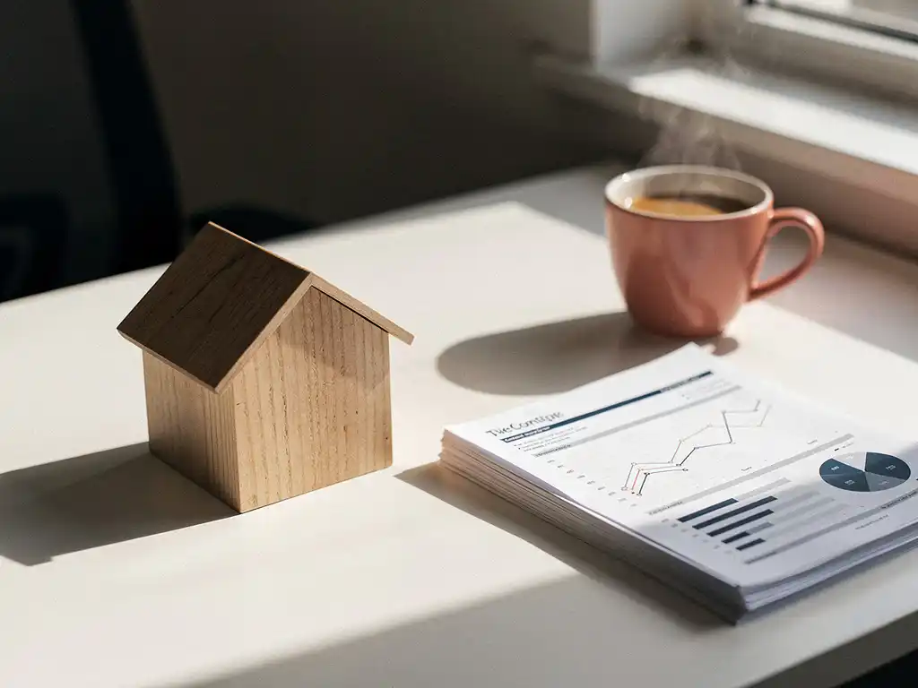 Houten huismodel op wit bureau naast financiële documenten en kop koffie tijdens hypotheekadviesgesprek.