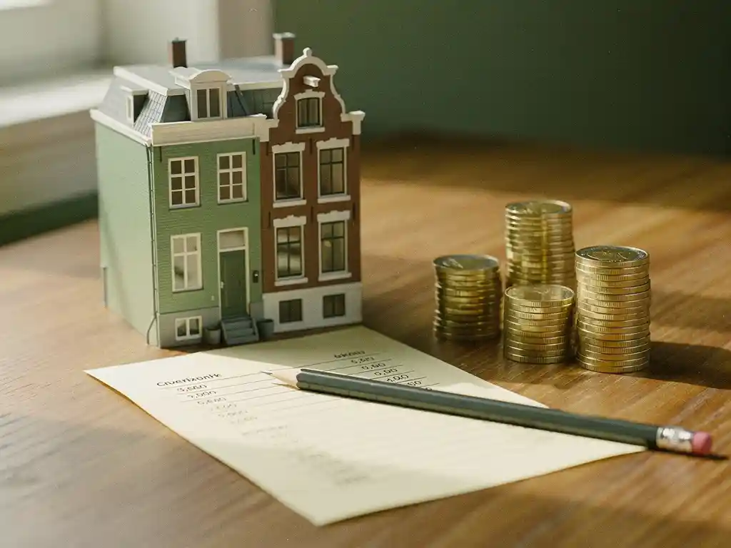 Miniatuur Nederlandse rijtjeswoning op eikenhouten bureau naast gestapelde euromunten en een aflossingschema op crèmepapier.
