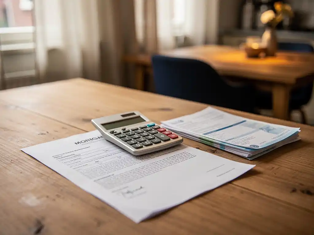 Hypotheekdocument en rekenmachine op houten keukentafel in Nederlands woonhuis, omringd door financiële papieren.