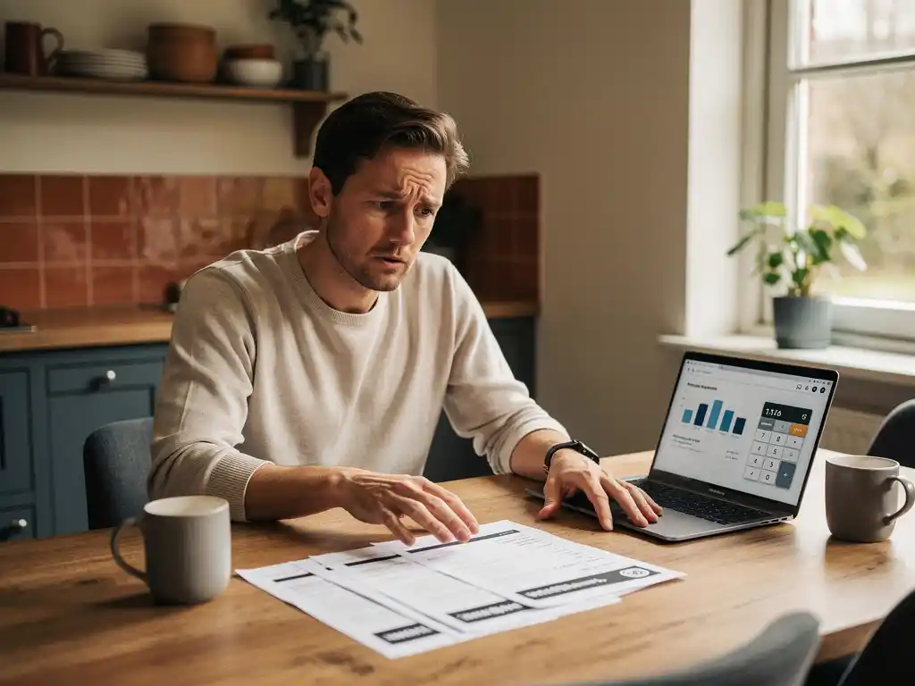 Verwarde huiseigenaar aan houten keukentafel met hypotheekdocument en laptop met rekenmachine, tegenstrijdige cijfers.