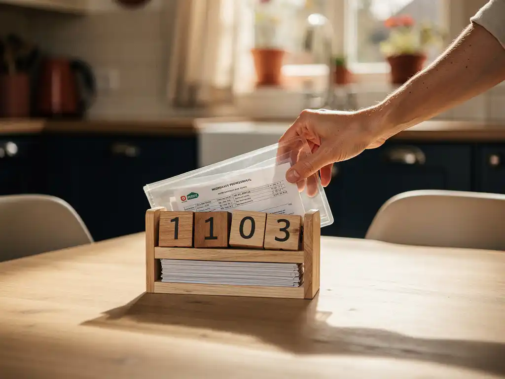 Hand die beschermhoes plaatst over hypotheekdocument en kalender op keukentafel in Nederlands gezinshuis.