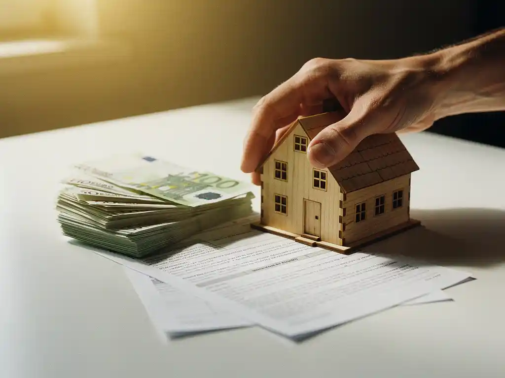 Hand plaatst eurobiljetten naast een houten miniatuurhuis op een hypotheekdocument, warm gouden licht, financiële rust.