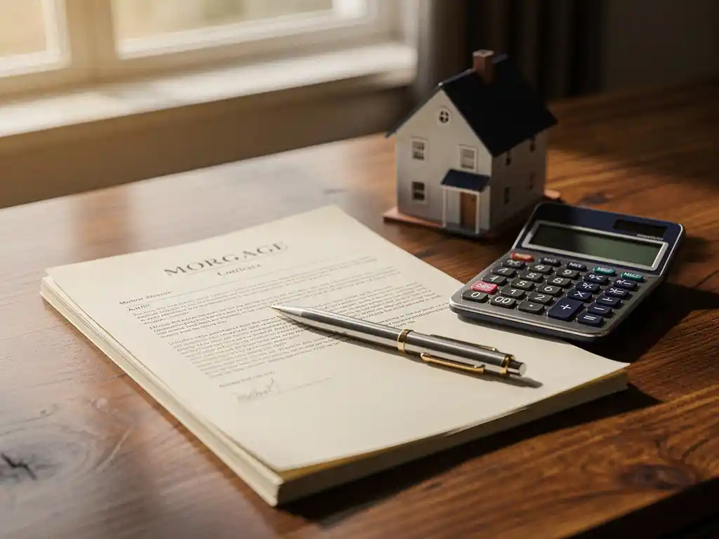 Hypotheekcontract en rekenmachine op eikenhouten bureau met miniatuur huismodel en pen op financiële documenten.