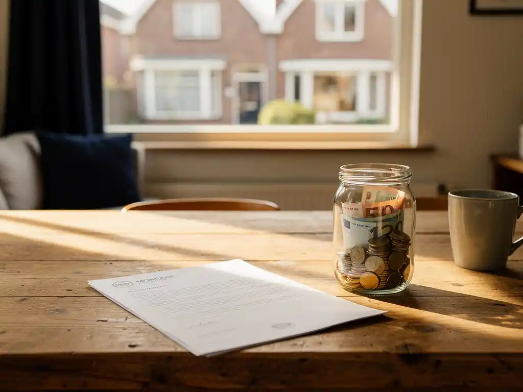 Houten keukentafel met openliggend hypotheekdocument en glazen pot met euromunten en bankbiljetten, Nederlands woonhuis op achtergrond.